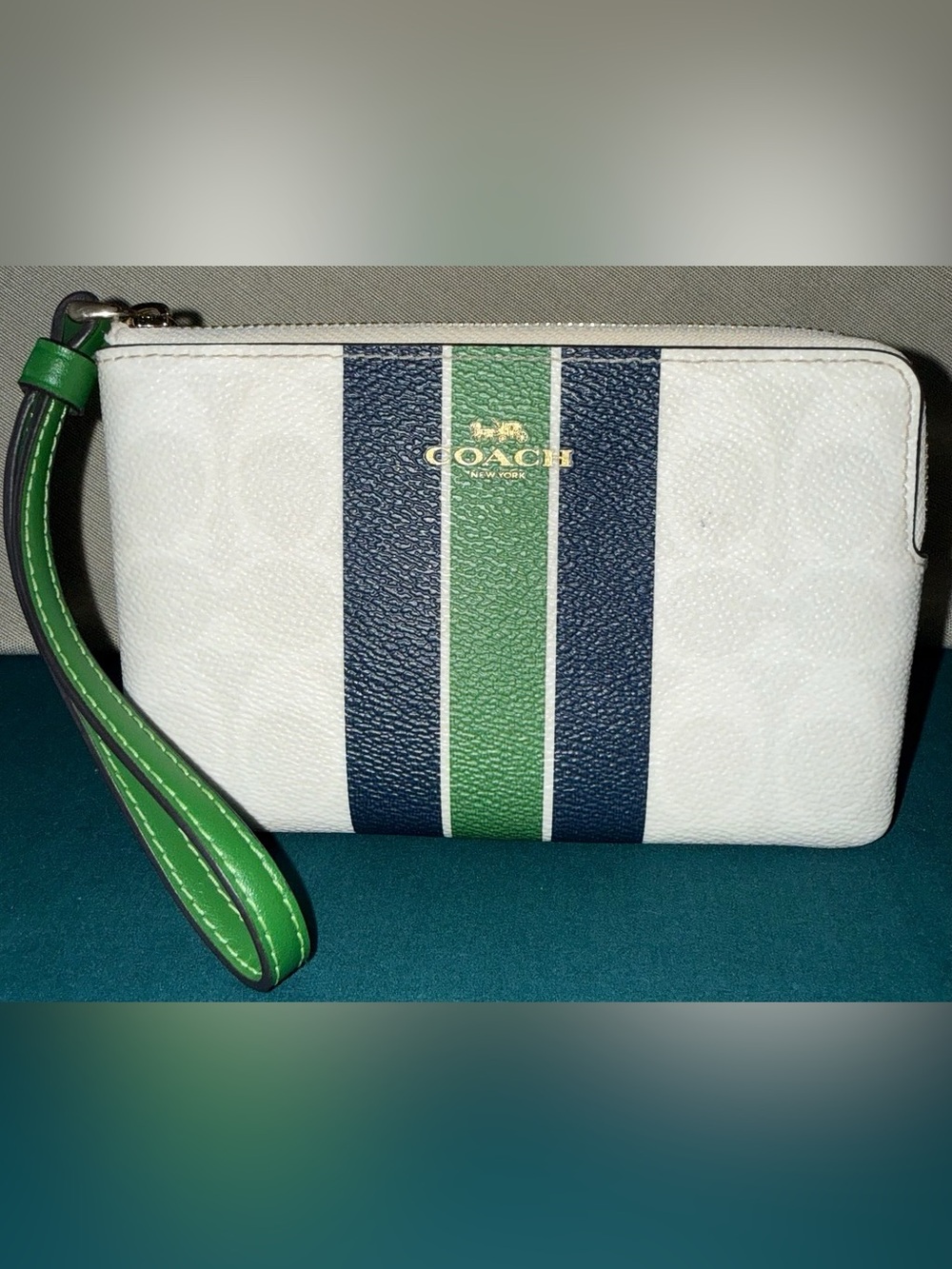 Coach Corner Zip Wristlet Signature C With Varsity Stripe